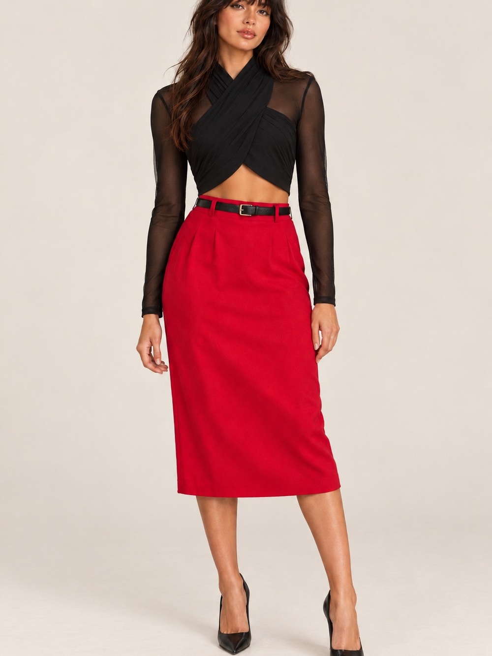 Red 100% Wool High Waist Pencil Midi Skirt with Pockets